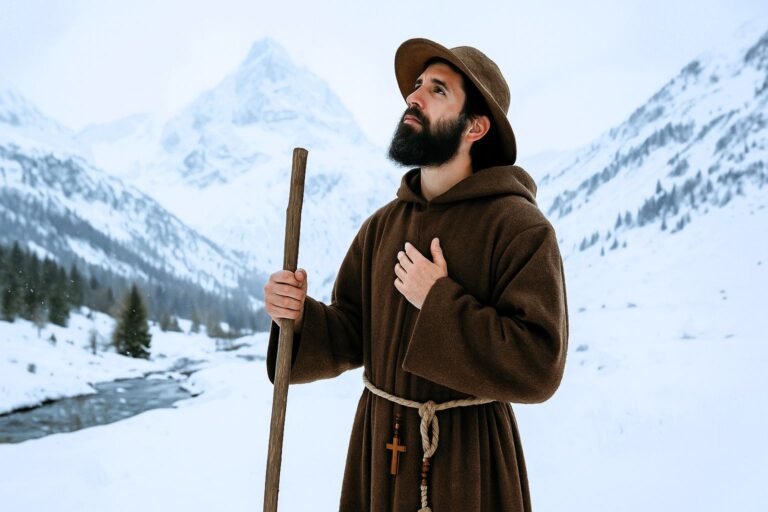 Pèlerin méditatif dans les montagnes enneigées de Savoie – Représentation du Bienheureux Paul